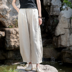 Nouvelle Collection Été 26 – Pantalon Décontracté Artistique Ample Taille Mi-Haute en Lin Lavé au Sable pour <span class=keywords><strong>Femme</strong></span> – Bloomers Amincissants en Coton-Lin pour la Méditation - Product Image 1