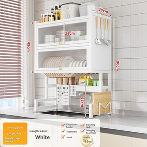 Scolapiatti da <span class=keywords><strong>Cucina</strong></span> <span class=keywords><strong>Salvaspazio</strong></span> a Doppio Strato con Coperchio Antipolvere e Antigoccia, Porta Pentole Superiore e Ganci Laterali per Utensili - Product Image 5