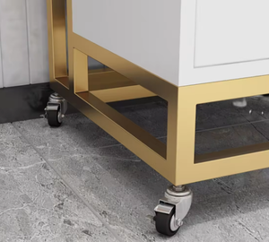 Chariot de beauté professionnel mobile en MDF blanc et métal doré, mobilier de salon, chariot à roulettes - Product Image 3