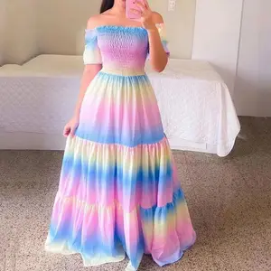 Vestidos largos con dobladillo para mujer con estampado animal floral con volantes y diseño de hombros descubiertos de talla grande para mujer de estilos populares