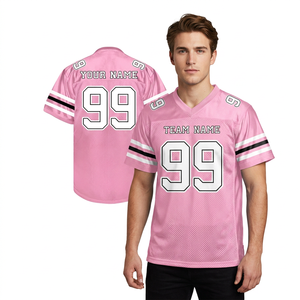 Maillot de football américain rose personnalisé unisexe col en V en mesh imprimé par sublimation respirant à manches courtes grande taille avec nom d'équipe sur le devant - Product Image 1