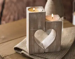 Romantic Tea Light Candle Holders Decorative Wood Tealight Candle Holder Set of 2 Unity Heart Pedestal for Home Decor