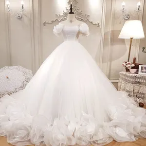 Hoge Kwaliteit Witte Tule Prinses Trouwjurk Met 3d Rose Rok Zoom Off-Shoulder Bruid Formele Baljurken Quinceanera Jurken