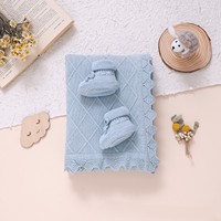 Vente en gros de couvertures pour bébés unisexes en coton 100% tricoté, avec chaussons assortis, ensembles cadeaux thermiques respirants en 2 pièces