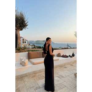 Vestido de Noche Negro para Mujer, Estilo Vestido de Gala con Detalle de Rosa, Largo hasta el Suelo, Cintura Imperio, Cintura Baja, Talla XS-XL - Product Image 1