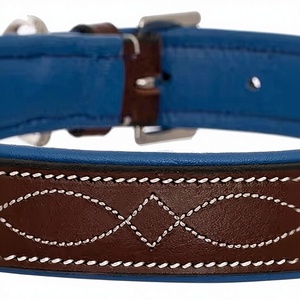 Stylish Blue Padded <b>Leather</b> Dog <b>Collar</b> Fancy Stitching Personalized Solid Pattern Stainless Steel Rivet Decoration Customized - Product Image 2