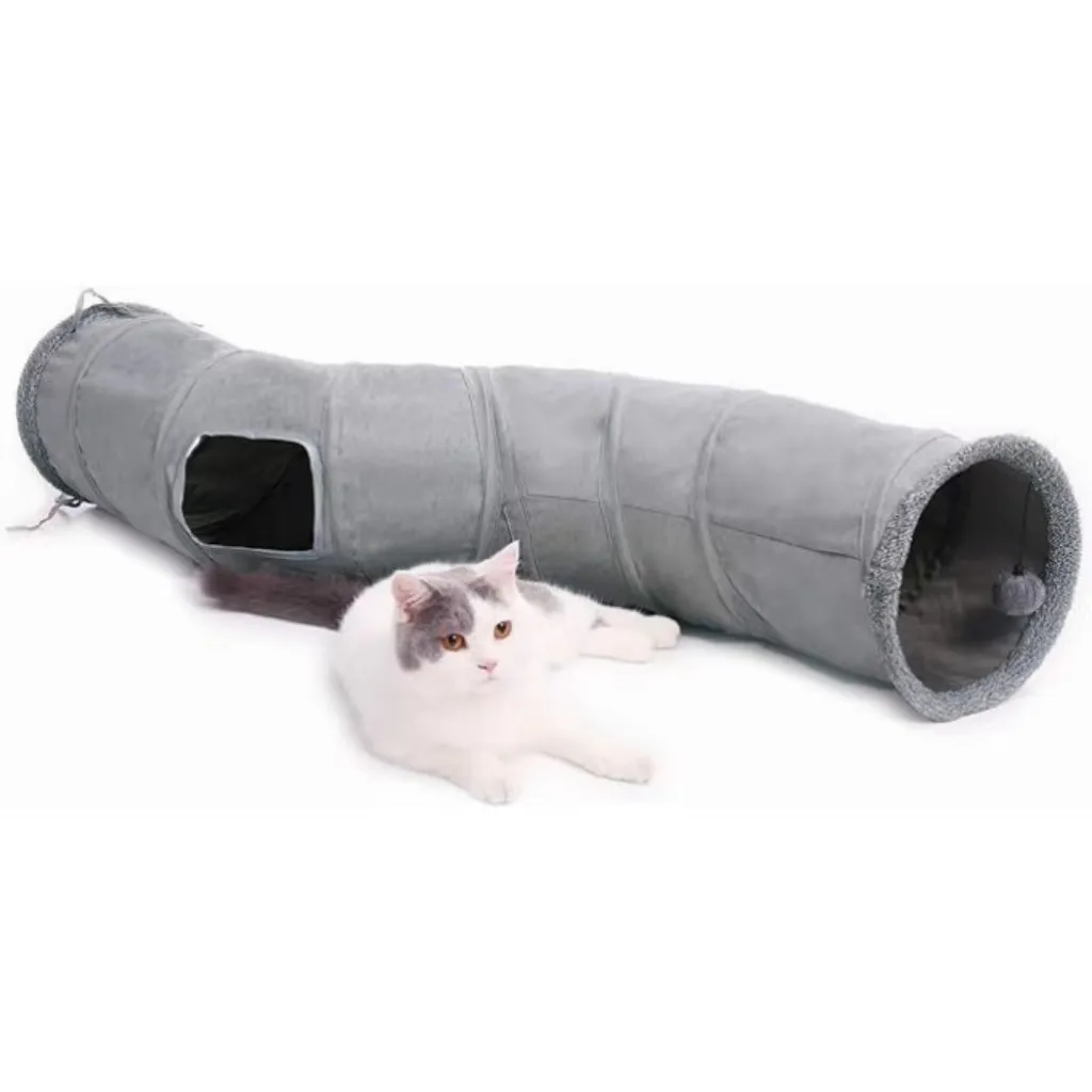 Interactive S-Shape Gray Cat Tunnel Tube Plush Ball Toys Collapsible Self-Luminous Bed Central Mat 5/4/3 Holes Soft Feature