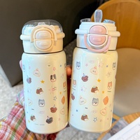 Bouteille d'eau isotherme 500 ml avec motif chiot mignon, couvercle 2-en-1, gourde en acier inoxydable avec paille et poignée de transport, idéale comme cadeau pour enfants