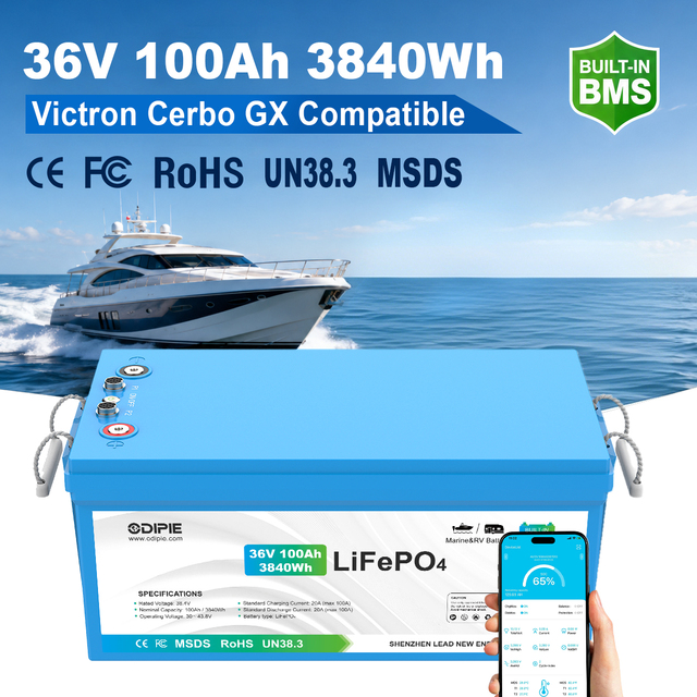 OEM 38.4V 36V 100Ah Smart LiFePO4 House Battery for Caravan Boat Yacht & Off Grid Power IP67 Waterproof Victron Cerbo GX Ready