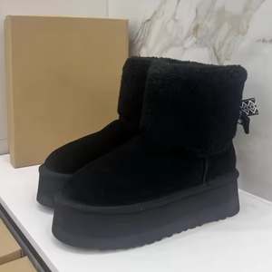 Bottes de neige pour femmes, en cuir véritable, avec fourrure, doublure en laine épaisse, hauteur accrue, chaudes, pour l'hiver - Product Image 3