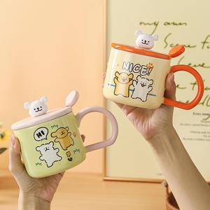 Taza de Cerámica con Diseño de Animales Felices, con Tapa y Cuchara, Asa Grande, para Parejas, Gran Capacidad, en Oferta - Product Image 4