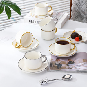 Modern 250ml Gold Handle Ceramic Tea <b>Cup</b> and <b>Saucer</b> Set White Striped Coffee <b>Cup</b> Set of 6 - Product Image 5