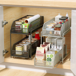 Organisateur de placard coulissant à 2 niveaux en maille métallique, tiroir de rangement <span class=keywords><strong>sous</strong></span> évier, étagère pour comptoir de cuisine - Product Image 4