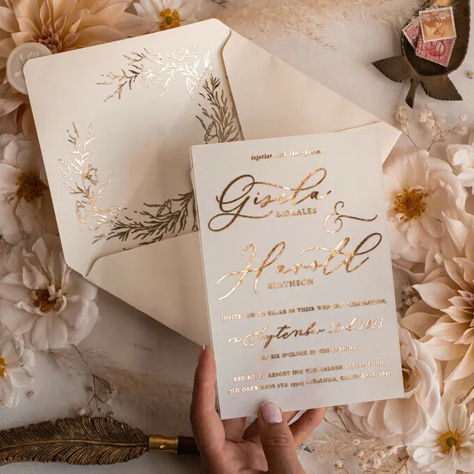 custom luxury Boho styles fine art Golden Ivory vellum paper gold foil wedding invitation with envelope RSVP card