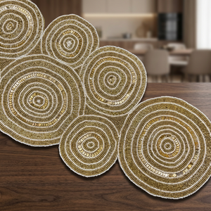 Embroidered Geometric Table <b>Runner</b> Bohemian Style Gold Beaded Pattern <b>Washable</b> Home Decor - Product Image 5