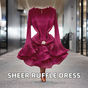 Robe midi élégante en maille ajourée unie pour femme, à manches longues, volants, taille ultra haute, coupe ajustée, idéale pour le bureau ou les soirées formelles - Product Image 2