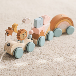 Juguete de tracción multifuncional de madera para niños con carro de inteligencia de Educación Temprana de animales León con mango de cuerda - Product Image 2
