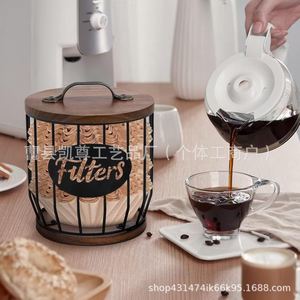 Caja de almacenamiento de cápsulas de café de madera con tapa, estante para filtros de café, cesta de almacenamiento para aperitivos y dulces (combinando hierro y madera) - Product Image 1