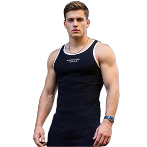 Men's <b>Black</b> Cotton Tank <b>Top</b> Custom Logo Front Print Breathable Casual O-Neck Knitted Solid Color Sleeveless <b>Vest</b> - Product Image 1