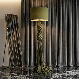 Designer Tassel Macrame Standing <b>Lamp</b> Heavy Duty Iron Support Hand Knotted Cotton <b>Shade</b> Customizable Color Dimension <b>Floor</b> <b>Lamp</b> - Product Image 1