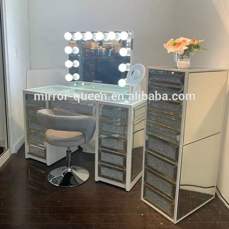 Luxe Fancy Salon Schoonheid Spiegel Glas Vanity Tafel Met Crystal Diamond Lades En Borst Led Hollywood Verlichte Make-Up Spiegel