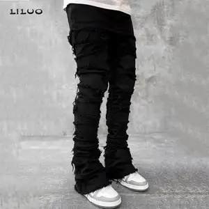 Liluo Custom Denim Luxe Flare Drukknoop Gestapelde Jeans Heren Flare Denim Broek Non Rips Distressed Skinny Stack Jeans