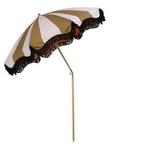 180 см 200 см Большой размер Пользовательский логотип красный белый полосатый хлопчатобумажный брезентовый красочный пляжный зонт с бахромой с черными кисточками