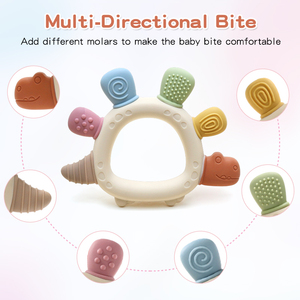 Bán buôn Silicone bé mọc răng vòng phim hoạt hình khủng long phong cách bé Teether sản phẩm đồ chơi cấp thực phẩm Silicone bé nhai Đồ chơi thiết lập - Product Image 4