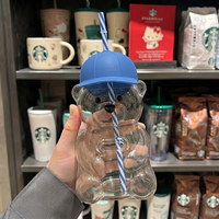 Mug à café glacé en verre borosilicate 20oz avec logo personnalisé, motif ours en peluche fraise mignon, avec couvercle et paille, pour les fêtes