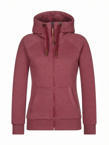 Sudadera con capucha y cremallera para mujer, color granate liso, manga larga, mezcla de algodón, tejido de punto, para otoño - Product Image 1