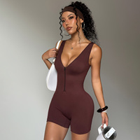 Combinaison-Short Lanyu Femme, Débardeur une Pièce de Yoga sans Manches à Fermeture Éclair sur le Devant et Dos Nu