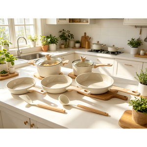 Juego de Cocina Moderno de 10 Piezas de <span class=keywords><strong>Granito</strong></span> Blanco Antiadherente, Compatible con Inducción, con Tapas de Vidrio, <span class=keywords><strong>Ollas</strong></span> y Sartenes - Product Image 1