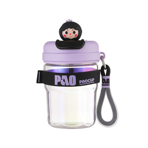 Pao Cup Glass Water <b>Bottle</b> With Cartoon Figurine Lid Purple Color For Girls Student Use Spring 2024 - Product Image 1