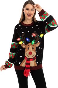 Pull personnalisé pour femme, décontracté, long, anti-plis, avec motif animalier de renne de Noël, lumineux à LED, idéal pour l'<span class=keywords><strong>hiver</strong></span> - Product Image 2