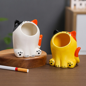 Cendrier en céramique en forme de chat mignon, blanc et jaune, décoration de bureau pour la maison, le salon, cadeau - Product Image 1