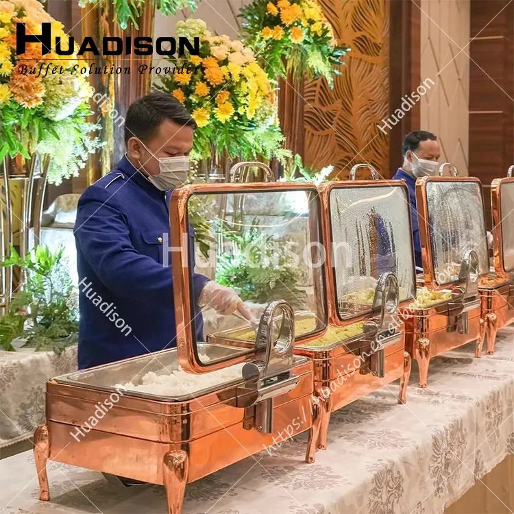 Huadison nhà máy bán hàng trực tiếp Rose Gold chafing món ăn thực phẩm ấm thủy tinh nắp chafing món ăn tự chọn bộ