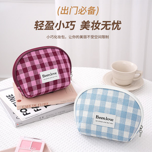 Beenlove <b>Makeup</b> Bag Medium Size Portable Travel Cosmetic <b>Case</b> Blue Checkered Pattern - Product Image 3
