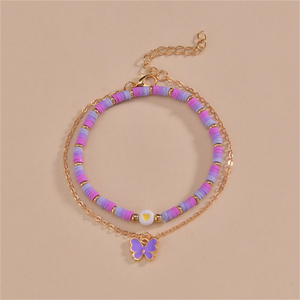 Tobillera con colgante de mariposa púrpura, tobillera de aleación dorada a la moda, tobillera de arcilla polimérica ajustable Bohemia, joyería fina para pie para niña - Product Image 1