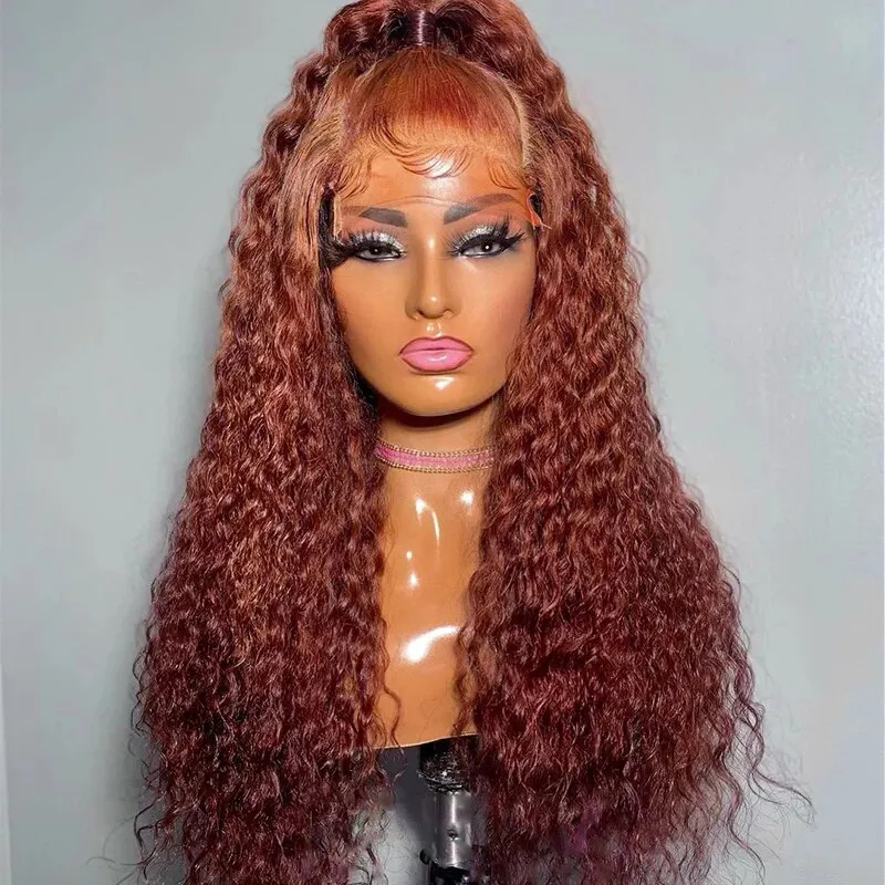 Cheap 33# Auburn Brown Red Color Kinky Curly Raw Long Lacefront Human Hair Wigs Vendors Swiss HD 360 Lace Frontal Closure Wigs