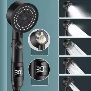 high pressure 5 Settings power fan handheld black shower head with Digital Temperature Display