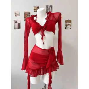 Nuevo Bikini Rojo al por Mayor 2025, Traje de Baño de 4 Piezas con Mangas Largas, Estilo Vacacional, Espalda Descubierta con Volantes de Malla, Ropa de Playa Sexy para Mujer - Product Image 1