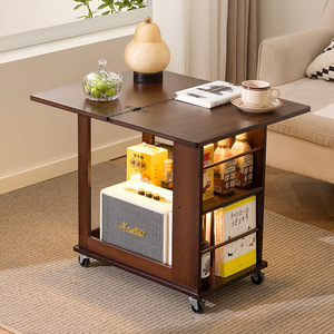 Mobile Foldable Coffee <b>Table</b> Walnut Wood Storage Trolley Living Room Sofa Side <b>Table</b> With Wheels - Product Image 1