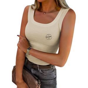Vente en gros broderie personnalisée 95 coton 5 Spandex extensible coupe ajustée débardeur de sport pour femmes couleur unie côtelé débardeur pour femmes - Product Image 6