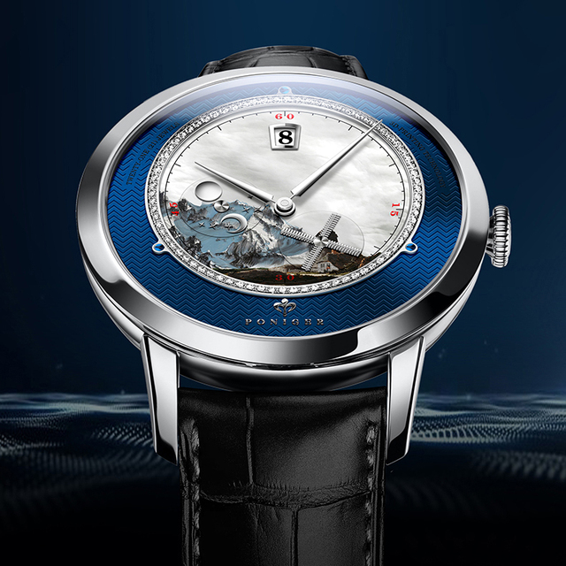 PONIGER Oem Watches Mechanical Private Label Custom Dial Blue Color Mens Leather Wristwatch Relogio Masculino