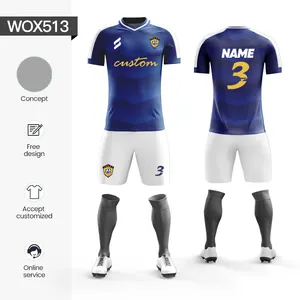 Conjunto de camisa de futebol retrô, logotipo personalizado nevy azul e amarelo camisa de futebol jovem uniforme de futebol com secagem rápida