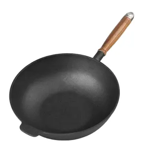 Wok de hierro fundido con mango de madera de 34CM # con tapa, utensilios de cocina Masterclass Premium, juego de wok antiadherente, suministro directo de fábrica