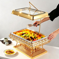 Plat à chafing de luxe orné de cristaux avec couvercle en verre suspendu, chauffe-plat de buffet en acier inoxydable de qualité alimentaire