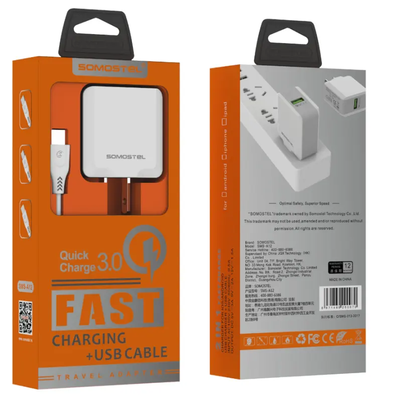 Somostel A12急速充電電話充電器ケーブル付きCargador Celular Cargadore Rapido iPhone用