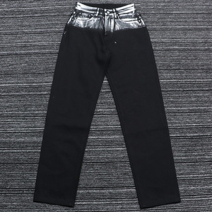 Jean droit noir foncé personnalisé style streetwear audacieux et avant-gardiste avec panneau de taille recouvert de feuille d'argent - Product Image 1