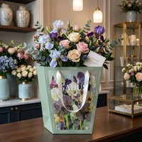 Sac en papier pour bouquet de fleurs, vente en gros, logo personnalisé, emballage, impression texturée avec poignée pour fleuriste, boutique de cadeaux, mariage